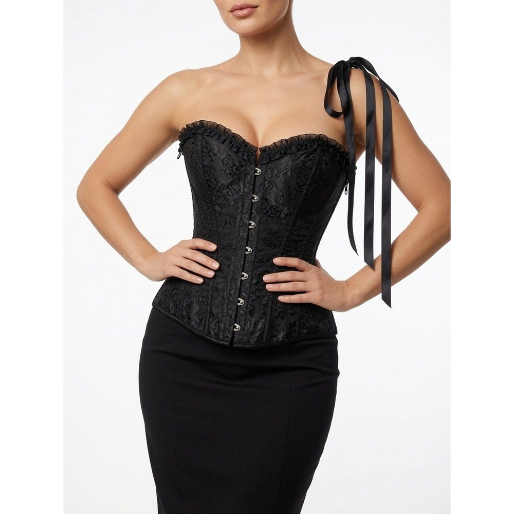 Black Floral Lace Corset Top Ribbon Shoulder Tie Lace Up Back Bustier‎ Medium